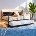 Cadre de lit de repos en métal une place avec lit gigogne relevable et station de charge avec tête de lit de rangement rembourrée et lumières LED