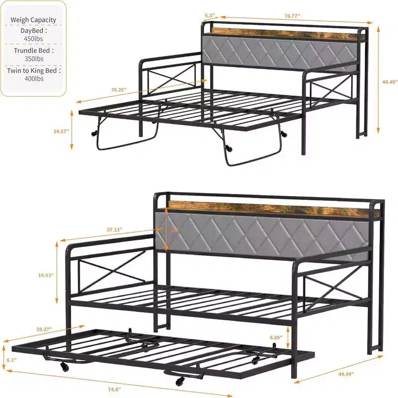 Cadre de lit de repos en métal une place avec lit gigogne relevable et station de charge avec tête de lit de rangement rembourrée et lumières LED