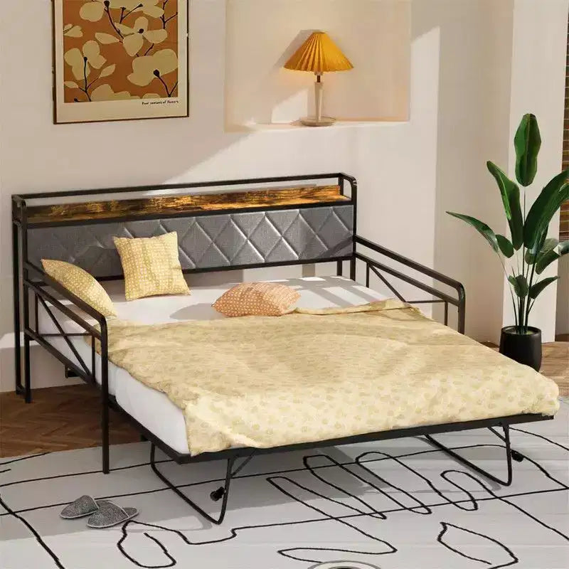 Cadre de lit de repos en métal une place avec lit gigogne relevable et station de charge avec tête de lit de rangement rembourrée et lumières LED