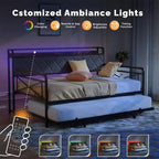 Cadre de lit de repos en métal une place avec lit gigogne relevable et station de charge avec tête de lit de rangement rembourrée et lumières LED