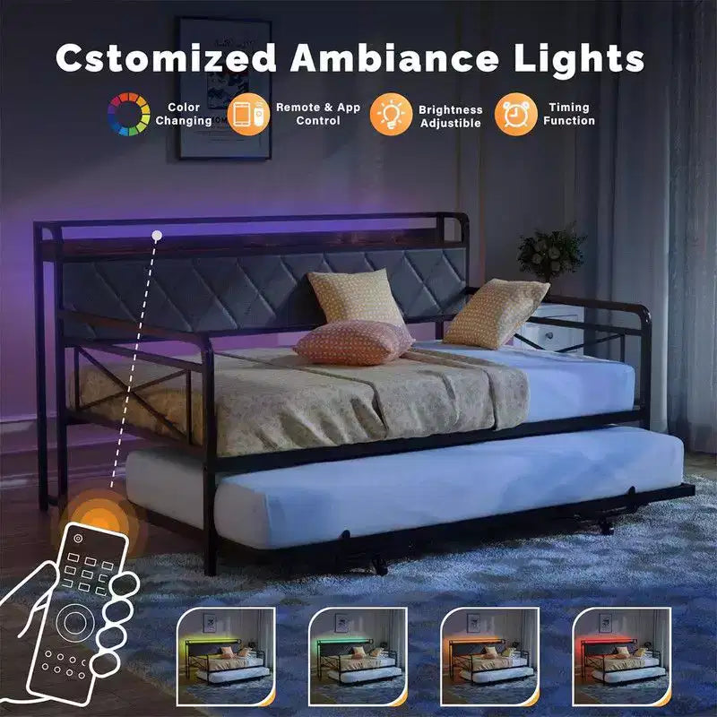 Cadre de lit de repos en métal une place avec lit gigogne relevable et station de charge avec tête de lit de rangement rembourrée et lumières LED