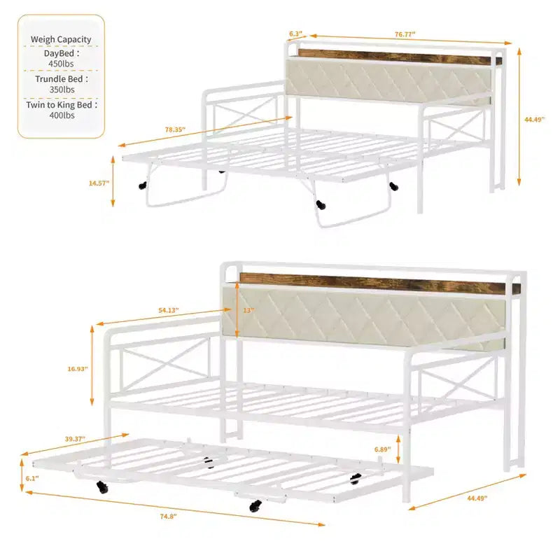 Cadre de lit de repos en métal une place avec lit gigogne relevable et station de charge avec tête de lit de rangement rembourrée et lumières LED