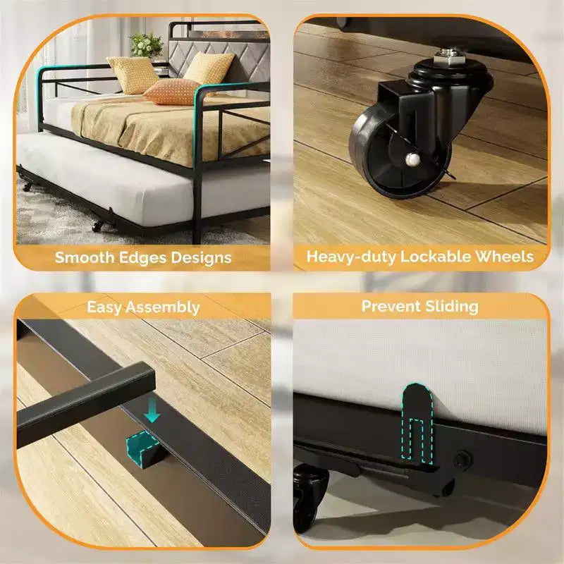 Cadre de lit de repos en métal une place avec lit gigogne relevable et station de charge avec tête de lit de rangement rembourrée et lumières LED