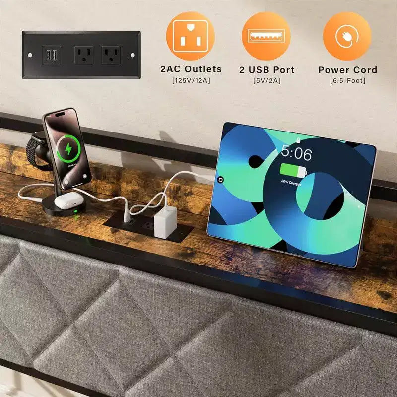Cadre de lit de repos en métal une place avec lit gigogne relevable et station de charge avec tête de lit de rangement rembourrée et lumières LED