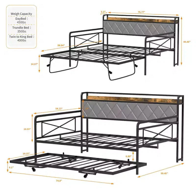 Cadre de lit de repos en métal une place avec lit gigogne relevable et station de charge avec tête de lit de rangement rembourrée et lumières LED