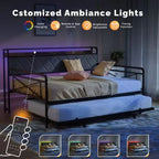 Cadre de lit de repos en métal une place avec lit gigogne relevable et station de charge avec tête de lit de rangement rembourrée et lumières LED