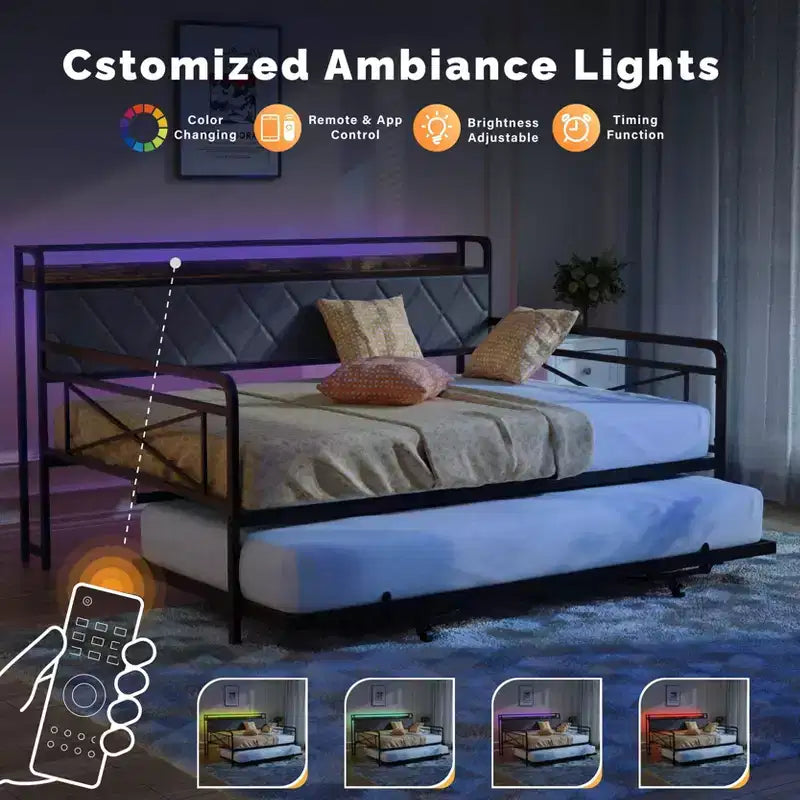 Cadre de lit de repos en métal une place avec lit gigogne relevable et station de charge avec tête de lit de rangement rembourrée et lumières LED