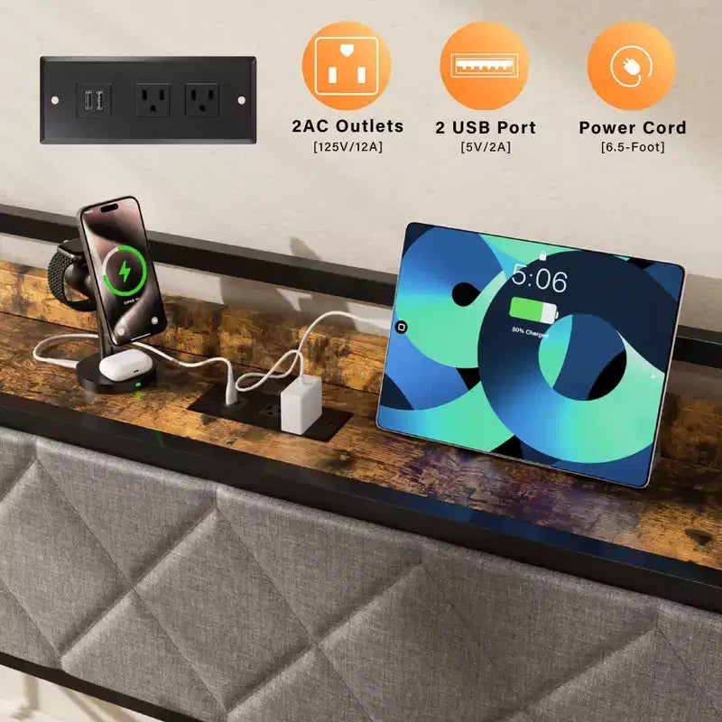 Cadre de lit de repos en métal une place avec lit gigogne relevable et station de charge avec tête de lit de rangement rembourrée et lumières LED