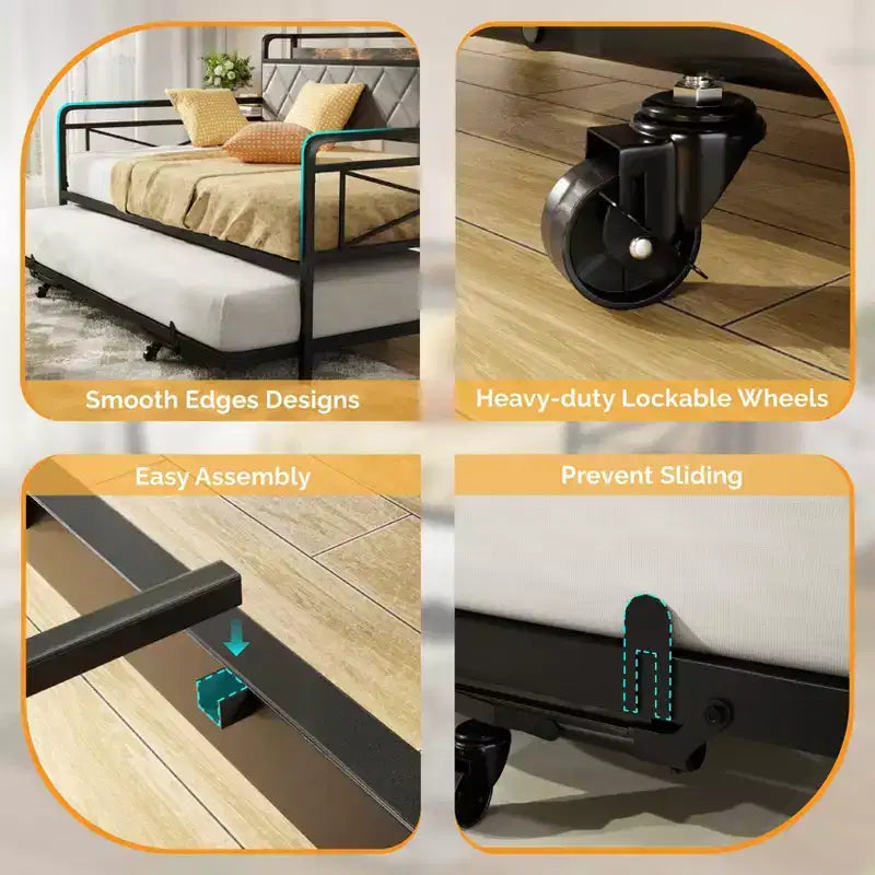 Cadre de lit de repos en métal une place avec lit gigogne relevable et station de charge avec tête de lit de rangement rembourrée et lumières LED