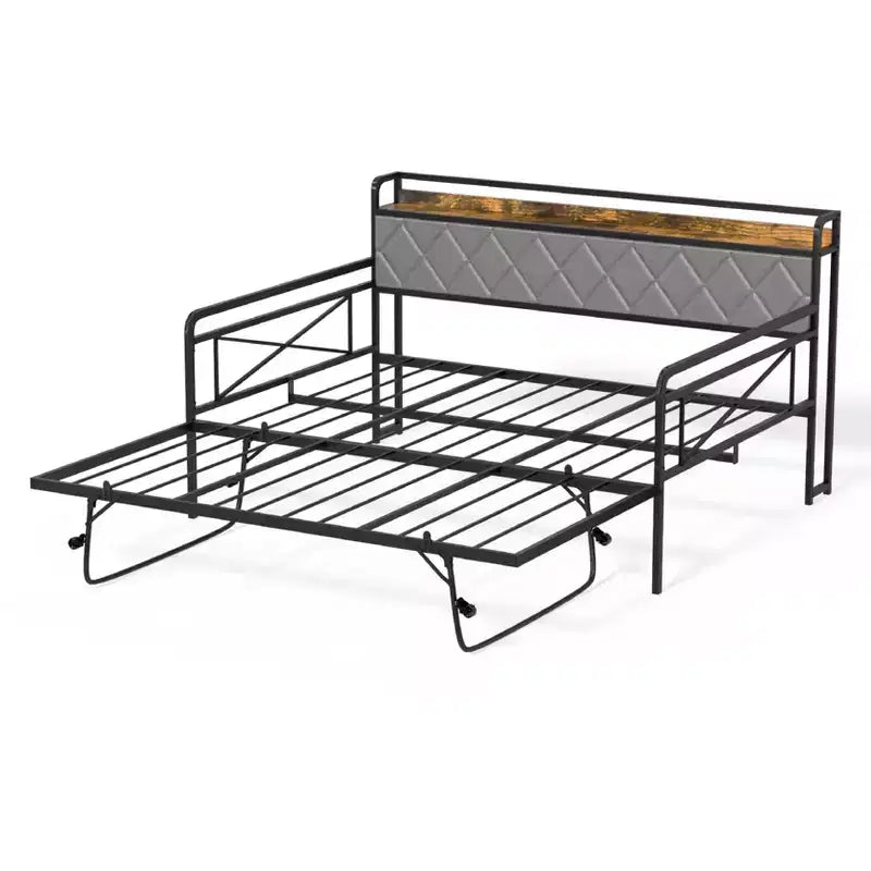 Cadre de lit de repos en métal une place avec lit gigogne relevable et station de charge avec tête de lit de rangement rembourrée et lumières LED