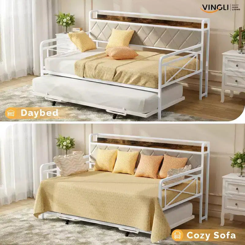 Cadre de lit de repos en métal une place avec lit gigogne relevable et station de charge avec tête de lit de rangement rembourrée et lumières LED