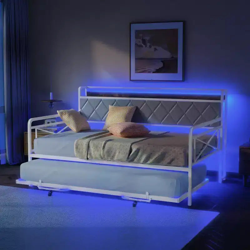 Cadre de lit de repos en métal une place avec lit gigogne relevable et station de charge avec tête de lit de rangement rembourrée et lumières LED