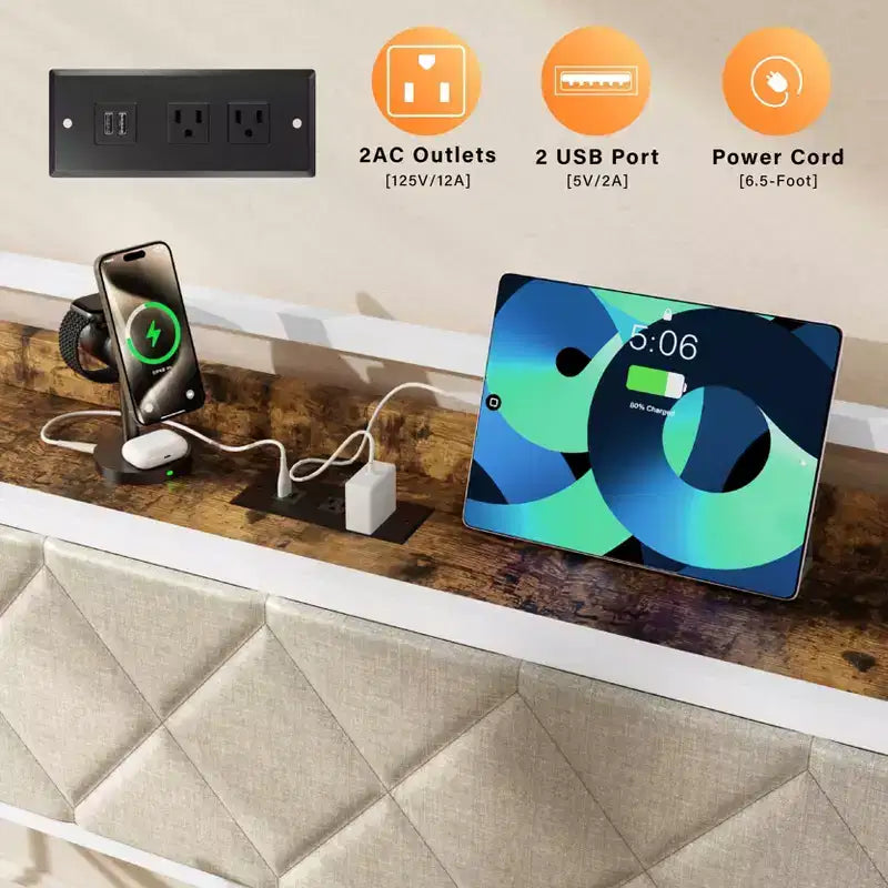 Cadre de lit de repos en métal une place avec lit gigogne relevable et station de charge avec tête de lit de rangement rembourrée et lumières LED