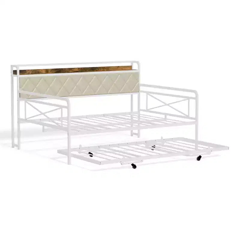 Cadre de lit de repos en métal une place avec lit gigogne relevable et station de charge avec tête de lit de rangement rembourrée et lumières LED