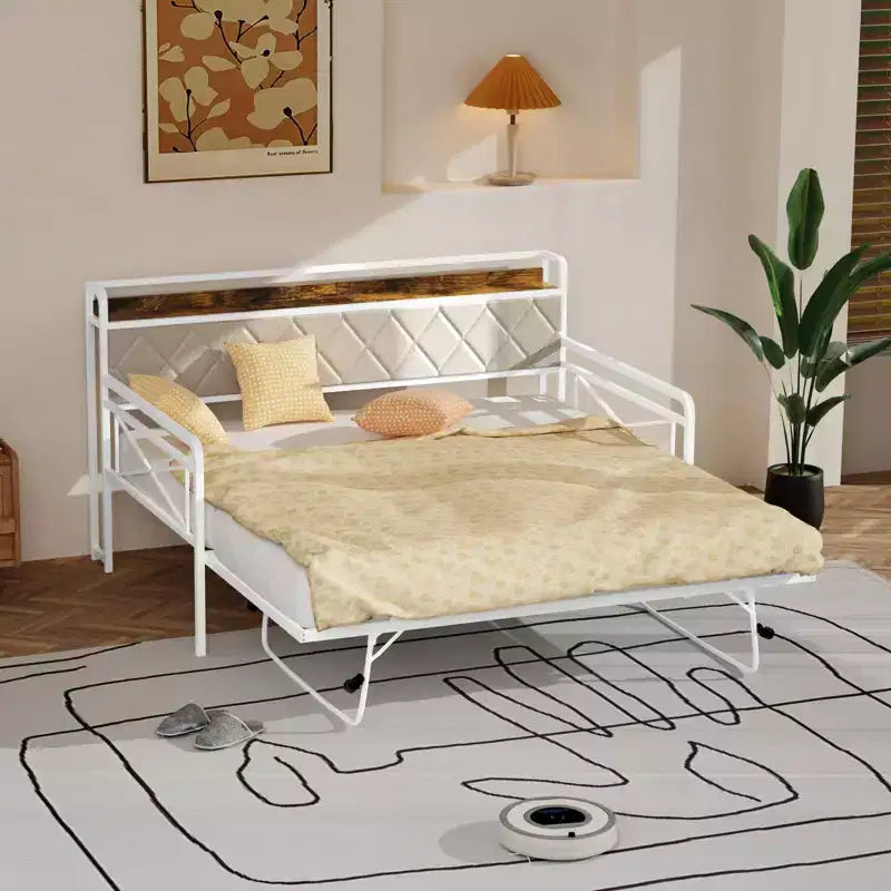 Cadre de lit de repos en métal une place avec lit gigogne relevable et station de charge avec tête de lit de rangement rembourrée et lumières LED