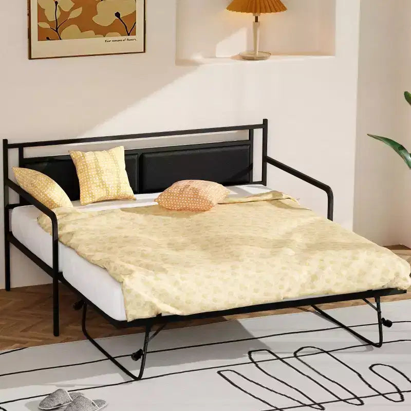 Cadre de lit de repos en métal une place avec lit gigogne relevable et station de charge avec tête de lit de rangement rembourrée et lumières LED