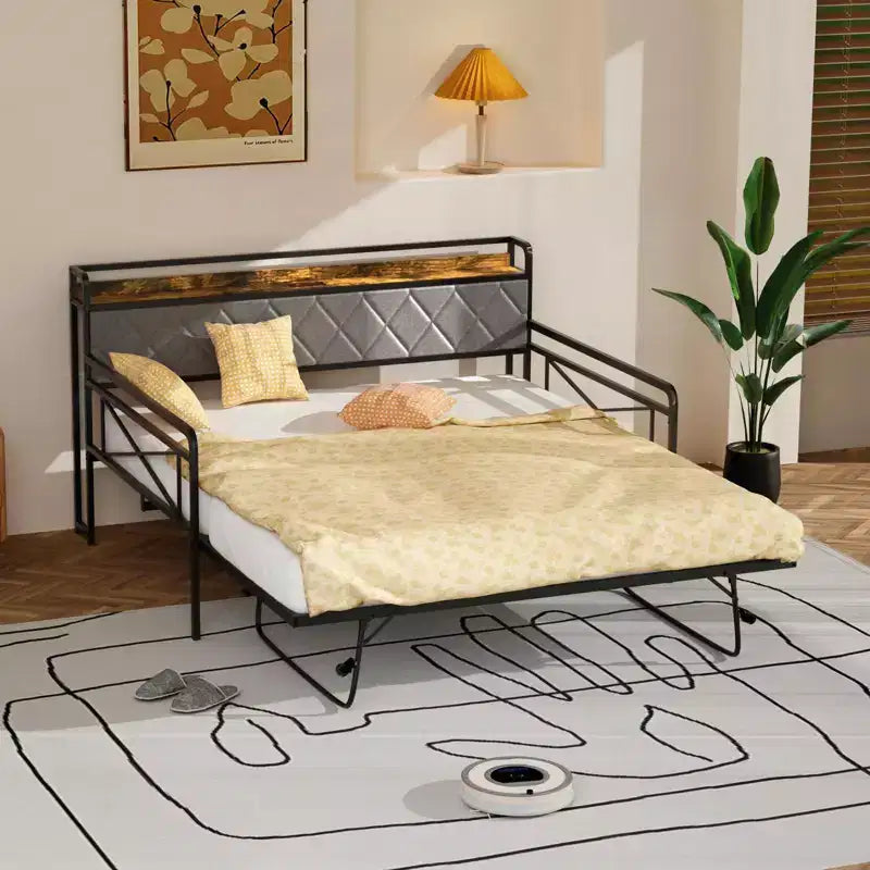 Cadre de lit de repos en métal une place avec lit gigogne relevable et station de charge avec tête de lit de rangement rembourrée et lumières LED