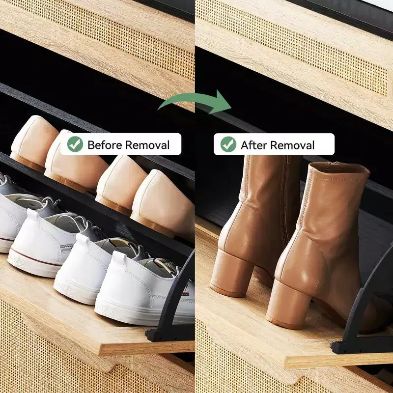 Meuble à chaussures en rotin naturel, étagère à chaussures à 2 portes basculantes avec tiroir, organiseur de chaussures autoportant avec étagère réglable pour couloir, entrée