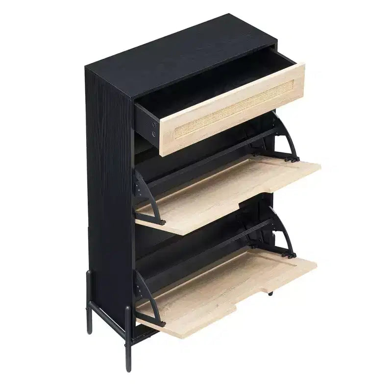 Meuble à chaussures en rotin naturel, étagère à chaussures à 2 portes basculantes avec tiroir, organiseur de chaussures autoportant avec étagère réglable pour couloir, entrée