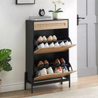 Meuble à chaussures en rotin naturel, étagère à chaussures à 2 portes basculantes avec tiroir, organiseur de chaussures autoportant avec étagère réglable pour couloir, entrée