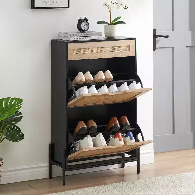 Meuble à chaussures en rotin naturel, étagère à chaussures à 2 portes basculantes avec tiroir, organiseur de chaussures autoportant avec étagère réglable pour couloir, entrée