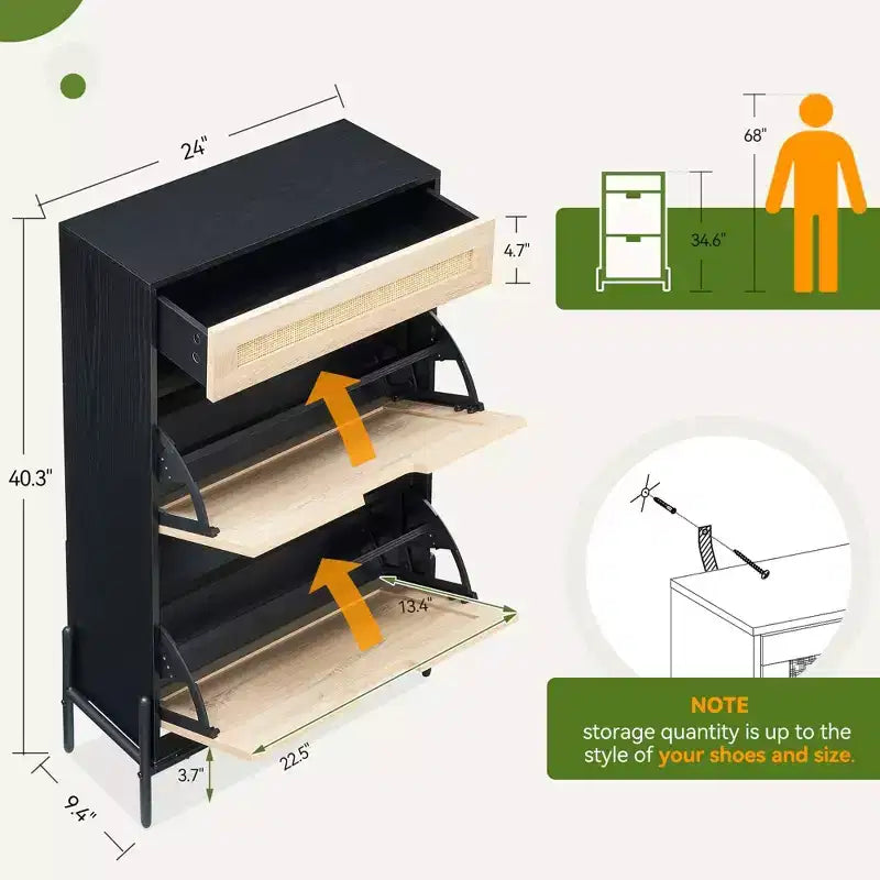 Meuble à chaussures en rotin naturel, étagère à chaussures à 2 portes basculantes avec tiroir, organiseur de chaussures autoportant avec étagère réglable pour couloir, entrée