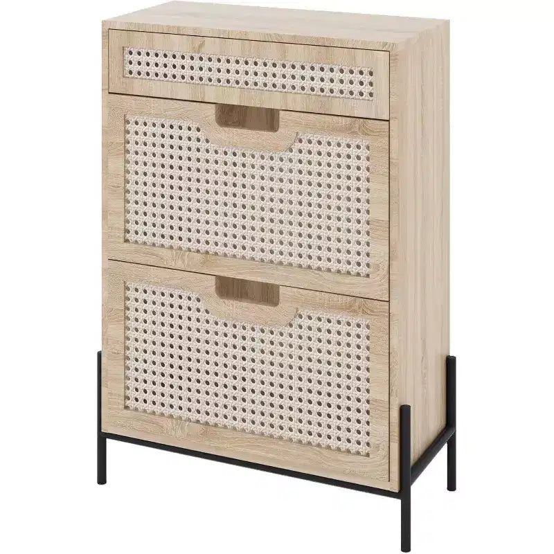 Meuble à chaussures en rotin naturel, étagère à chaussures à 2 portes basculantes avec tiroir, organiseur de chaussures autoportant avec étagère réglable pour couloir, entrée
