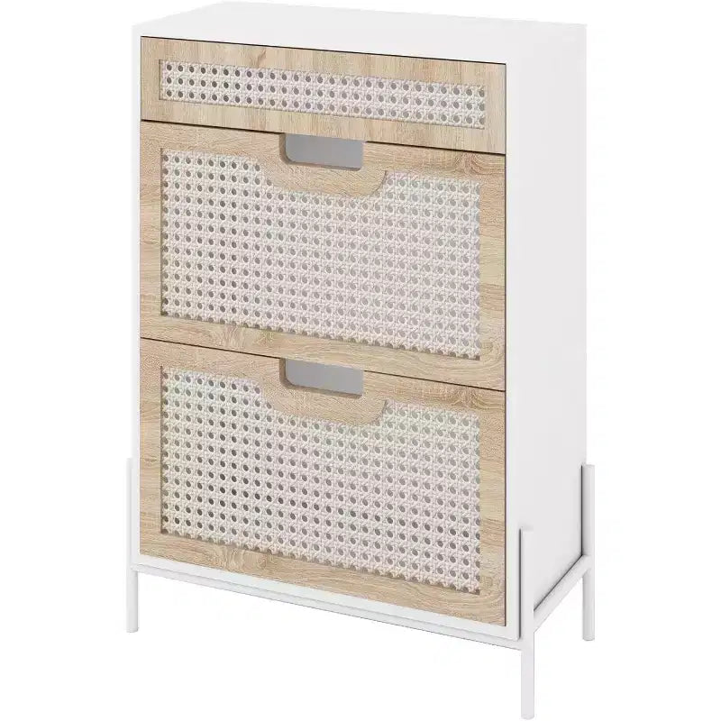 Meuble à chaussures en rotin naturel, étagère à chaussures à 2 portes basculantes avec tiroir, organiseur de chaussures autoportant avec étagère réglable pour couloir, entrée