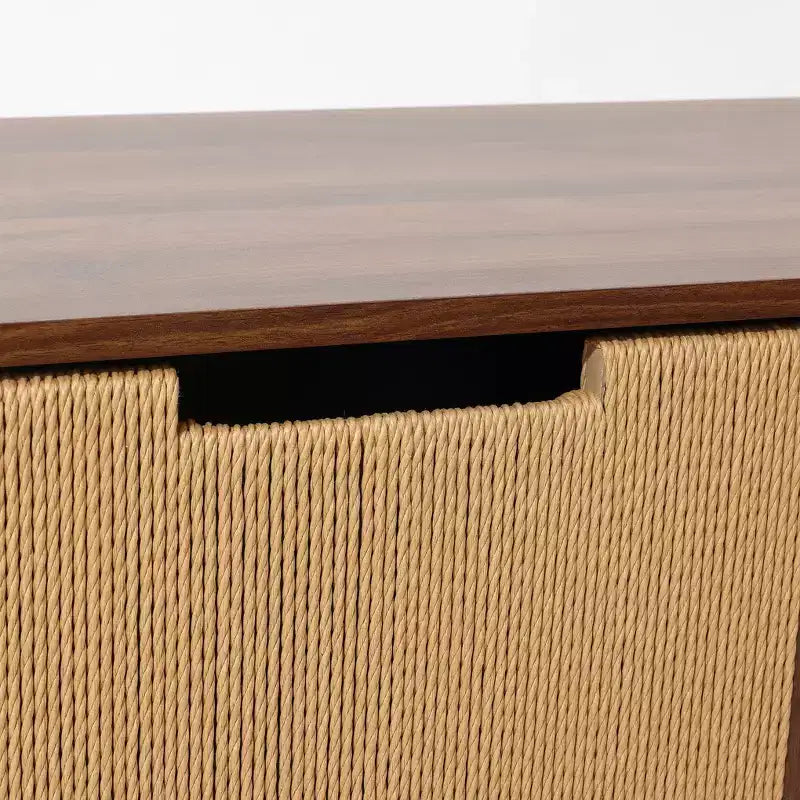 Meuble de rangement buffet 34 pouces couleur noyer, meuble d'appoint 2 tiroirs avec porte en corde tissée bohème jonc de mer marron