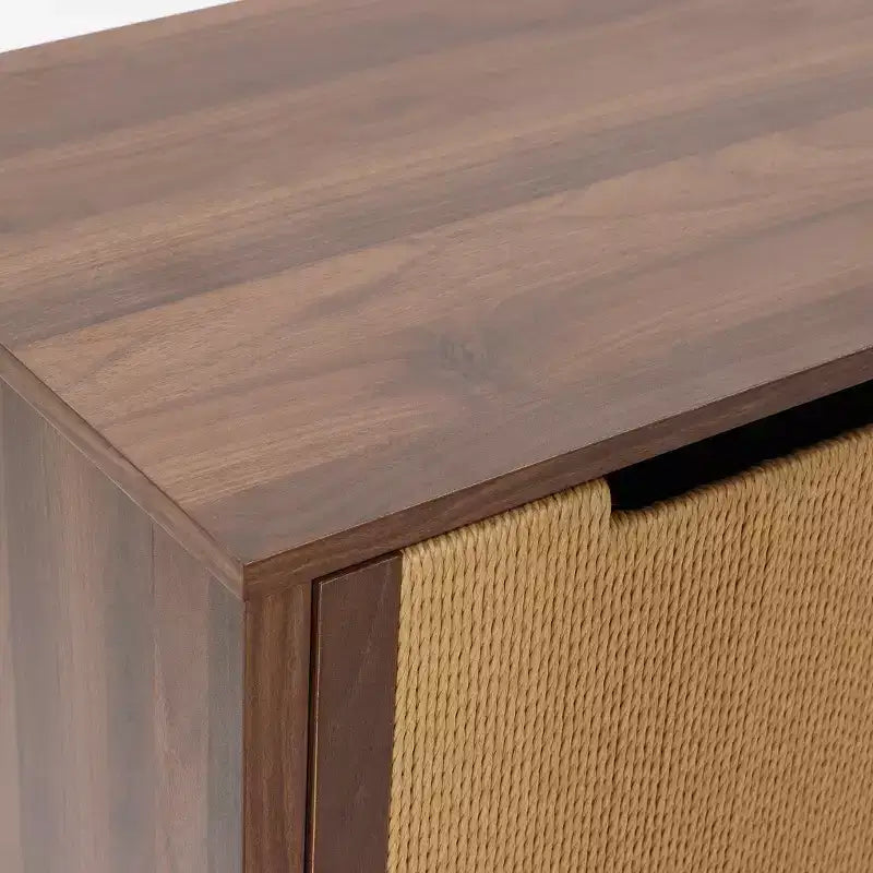 Meuble de rangement buffet 34 pouces couleur noyer, meuble d'appoint 2 tiroirs avec porte en corde tissée bohème jonc de mer marron