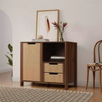 Meuble de rangement buffet 34 pouces couleur noyer, meuble d'appoint 2 tiroirs avec porte en corde tissée bohème jonc de mer marron