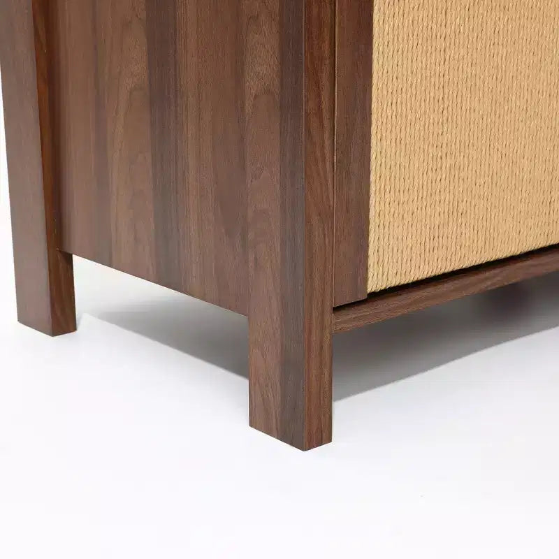 Meuble de rangement buffet 34 pouces couleur noyer, meuble d'appoint 2 tiroirs avec porte en corde tissée bohème jonc de mer marron