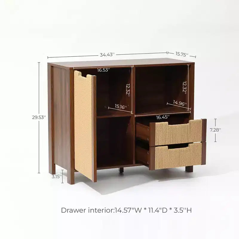 Meuble de rangement buffet 34 pouces couleur noyer, meuble d'appoint 2 tiroirs avec porte en corde tissée bohème jonc de mer marron
