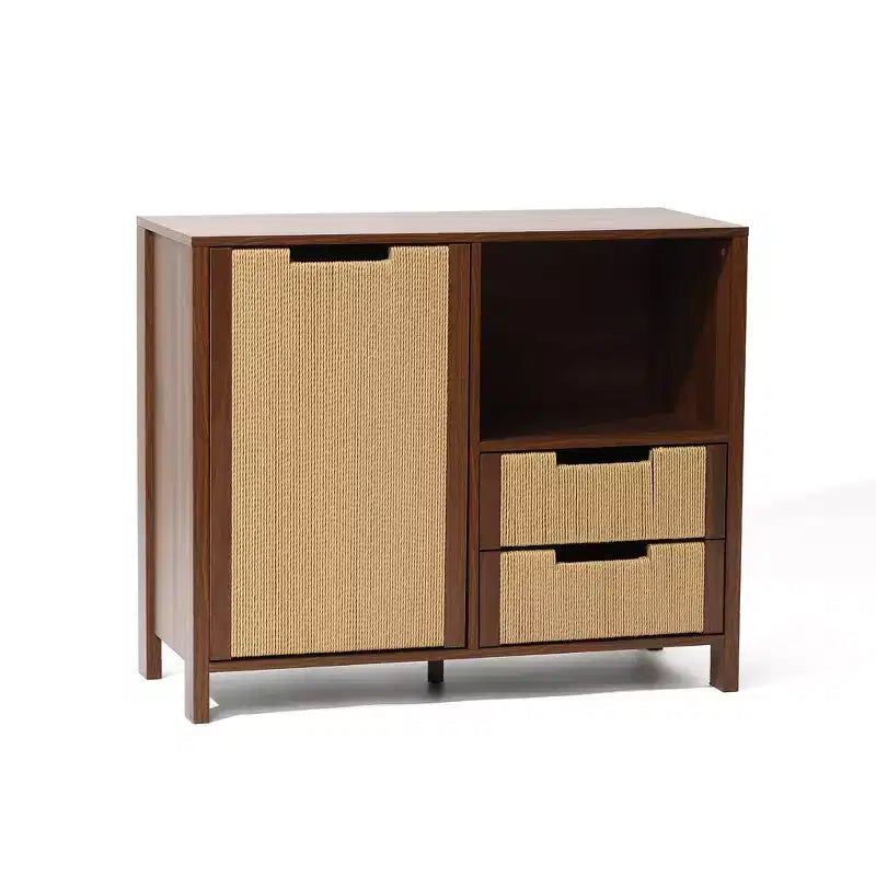 Meuble de rangement buffet 34 pouces couleur noyer, meuble d'appoint 2 tiroirs avec porte en corde tissée bohème jonc de mer marron