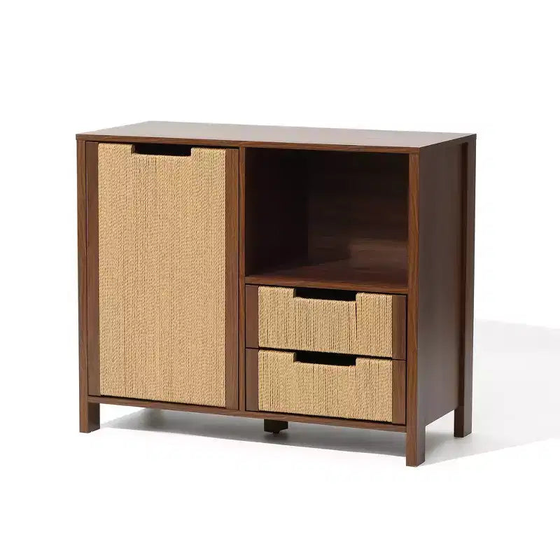 Meuble de rangement buffet 34 pouces couleur noyer, meuble d'appoint 2 tiroirs avec porte en corde tissée bohème jonc de mer marron