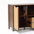 Meuble de rangement buffet 34 pouces couleur noyer, meuble d'appoint 2 tiroirs avec porte en corde tissée bohème jonc de mer marron