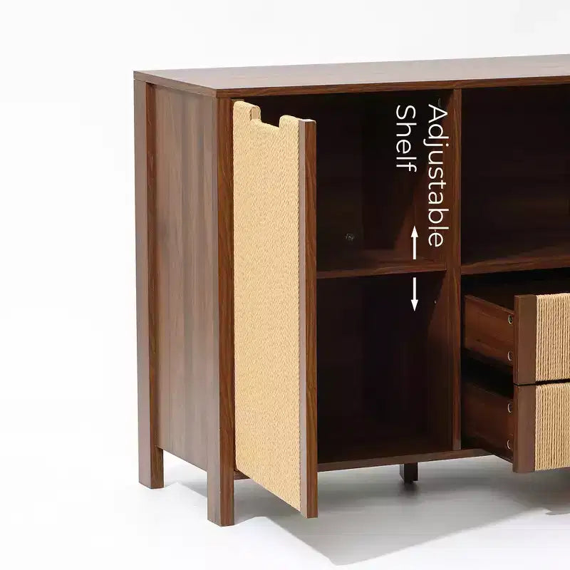 Meuble de rangement buffet 34 pouces couleur noyer, meuble d'appoint 2 tiroirs avec porte en corde tissée bohème jonc de mer marron