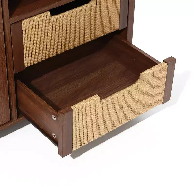 Meuble de rangement buffet 34 pouces couleur noyer, meuble d'appoint 2 tiroirs avec porte en corde tissée bohème jonc de mer marron