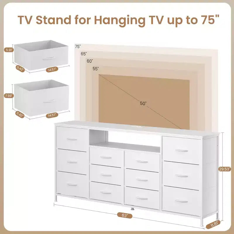 Meuble TV de 63 po pour téléviseurs jusqu'à 75 po - Commode en tissu avec station de recharge, lumières DEL, étagères ouvertes, commode à 12 tiroirs
