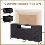 Meuble TV de 63 po pour téléviseurs jusqu'à 75 po - Commode en tissu avec station de recharge, lumières DEL, étagères ouvertes, commode à 12 tiroirs