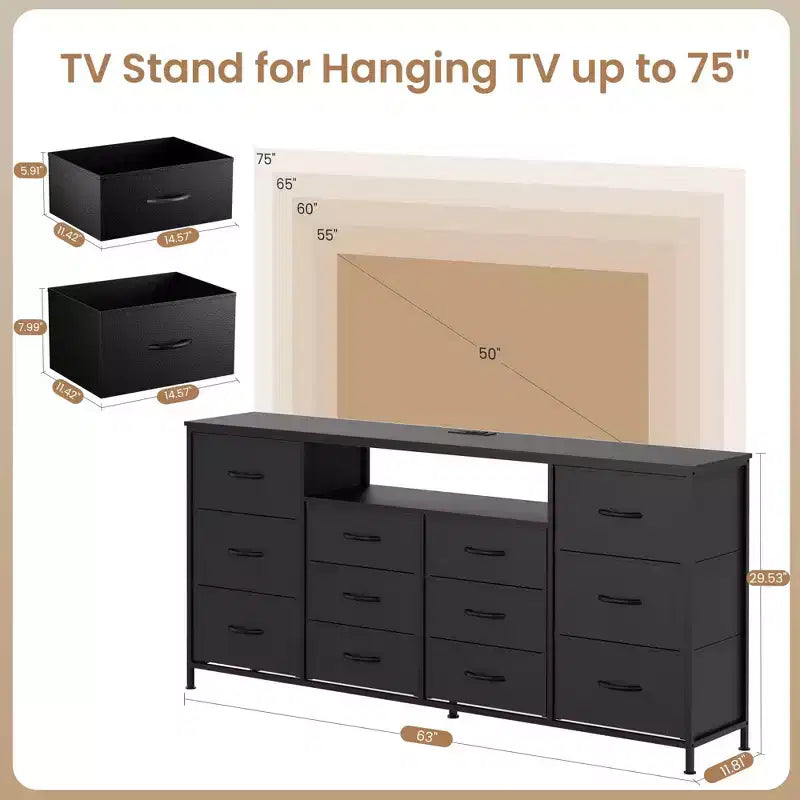 Meuble TV de 63 po pour téléviseurs jusqu'à 75 po - Commode en tissu avec station de recharge, lumières DEL, étagères ouvertes, commode à 12 tiroirs