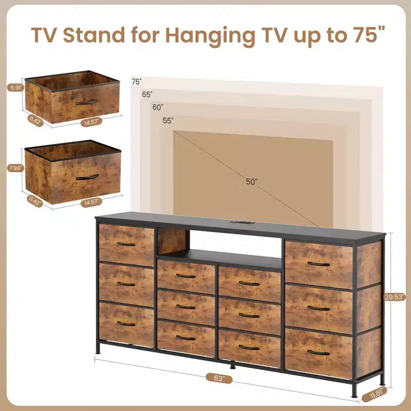 Meuble TV de 63 po pour téléviseurs jusqu'à 75 po - Commode en tissu avec station de recharge, lumières DEL, étagères ouvertes, commode à 12 tiroirs