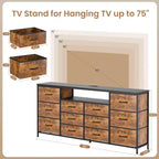 Meuble TV de 63 po pour téléviseurs jusqu'à 75 po - Commode en tissu avec station de recharge, lumières DEL, étagères ouvertes, commode à 12 tiroirs