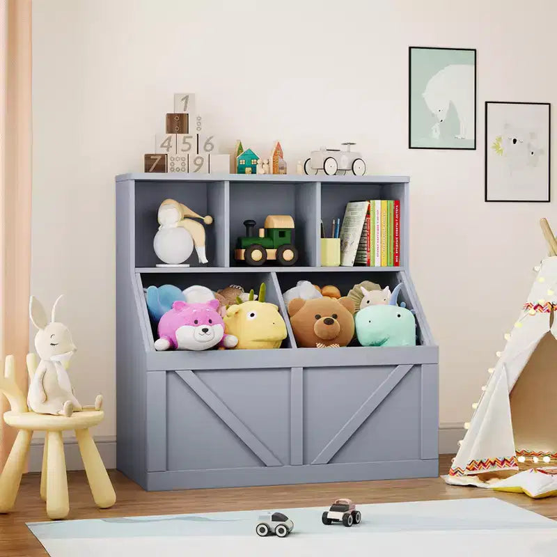 Étagère à Livres et Meuble de Rangement pour Jouets avec Armoire et Étagères, Bibliothèque pour Enfants pour Salle de Jeux, Chambre d'Enfant, Crèche et Montage Facile