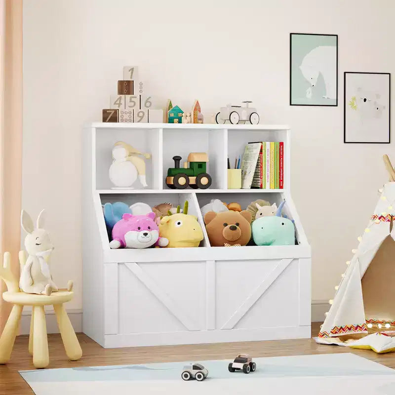 Étagère à Livres et Meuble de Rangement pour Jouets avec Armoire et Étagères, Bibliothèque pour Enfants pour Salle de Jeux, Chambre d'Enfant, Crèche et Montage Facile