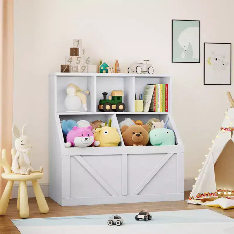 Étagère à Livres et Meuble de Rangement pour Jouets avec Armoire et Étagères, Bibliothèque pour Enfants pour Salle de Jeux, Chambre d'Enfant, Crèche et Montage Facile