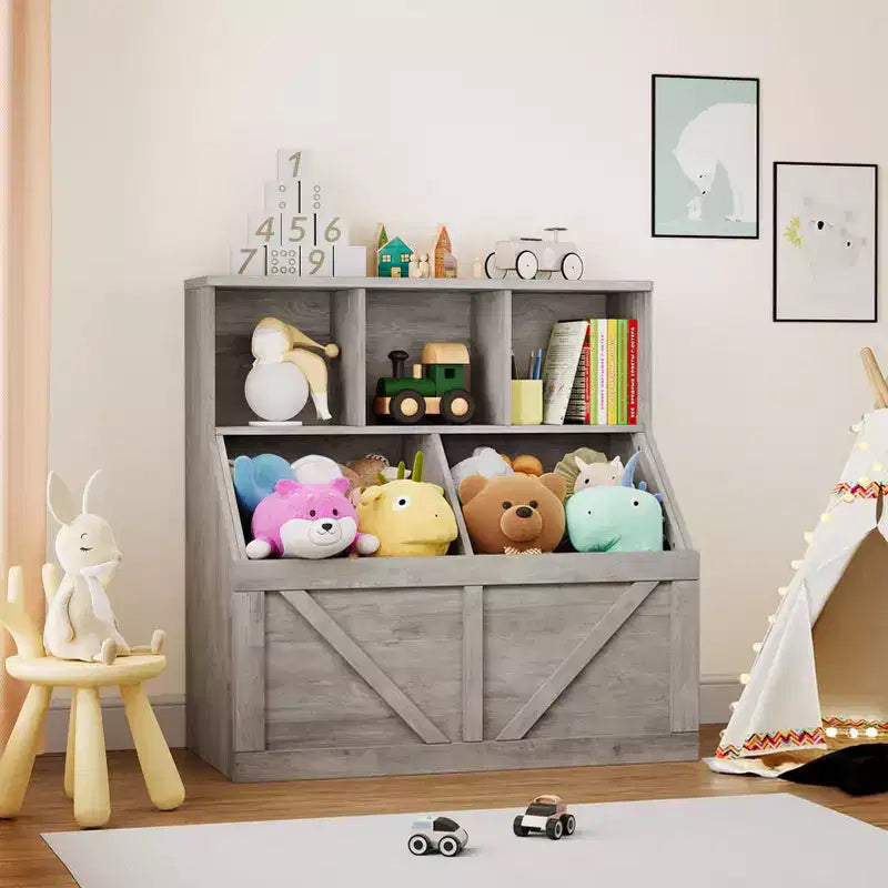 Étagère à Livres et Meuble de Rangement pour Jouets avec Armoire et Étagères, Bibliothèque pour Enfants pour Salle de Jeux, Chambre d'Enfant, Crèche et Montage Facile