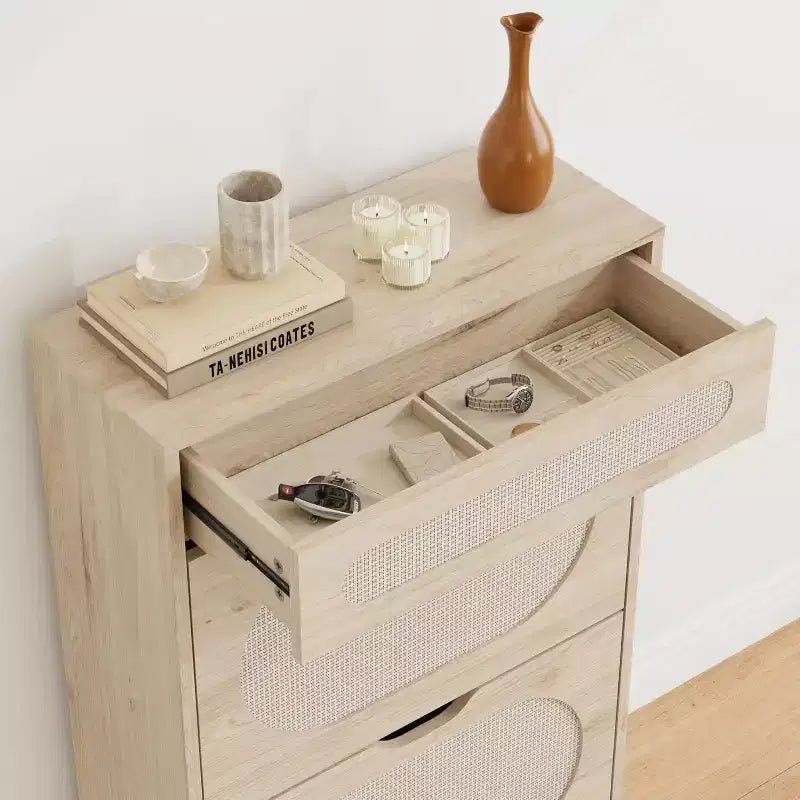 Meuble à chaussures,Rangement à chaussures en rotin avec 2 tiroirs basculants et un tiroir coulissant,Pieds en métal robustes,Étagère réglable,Organisateur et rangement de chaussures d'entrée