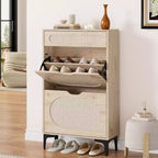 Meuble à chaussures,Rangement à chaussures en rotin avec 2 tiroirs basculants et un tiroir coulissant,Pieds en métal robustes,Étagère réglable,Organisateur et rangement de chaussures d'entrée