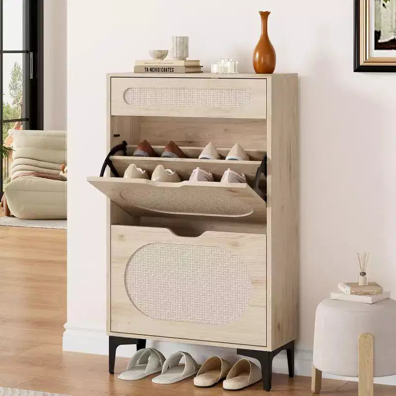 Meuble à chaussures,Rangement à chaussures en rotin avec 2 tiroirs basculants et un tiroir coulissant,Pieds en métal robustes,Étagère réglable,Organisateur et rangement de chaussures d'entrée
